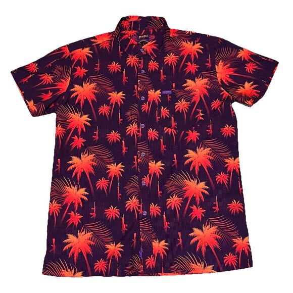 Retro Rifle Shirt Men’s Large Purple Orange Hawaiian Button Down Coastal Palm - Picture 1 of 7